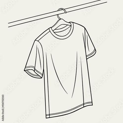 Simple line drawing of a white t shirt hanging on a clothes hanger on a rod
