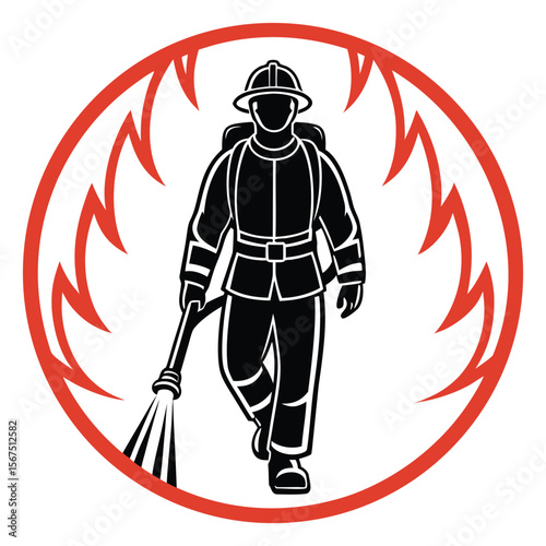 Brave Firefighter Walking Through Flames with Hose Icon Graphic