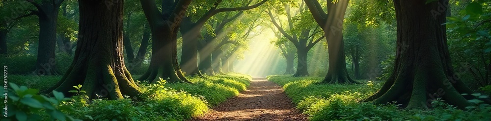 Naklejka premium Sunlit Path Winding Through an Enchanted Forest A Magical Atmosphere Perfect for Fantasy and Fairytale Themes