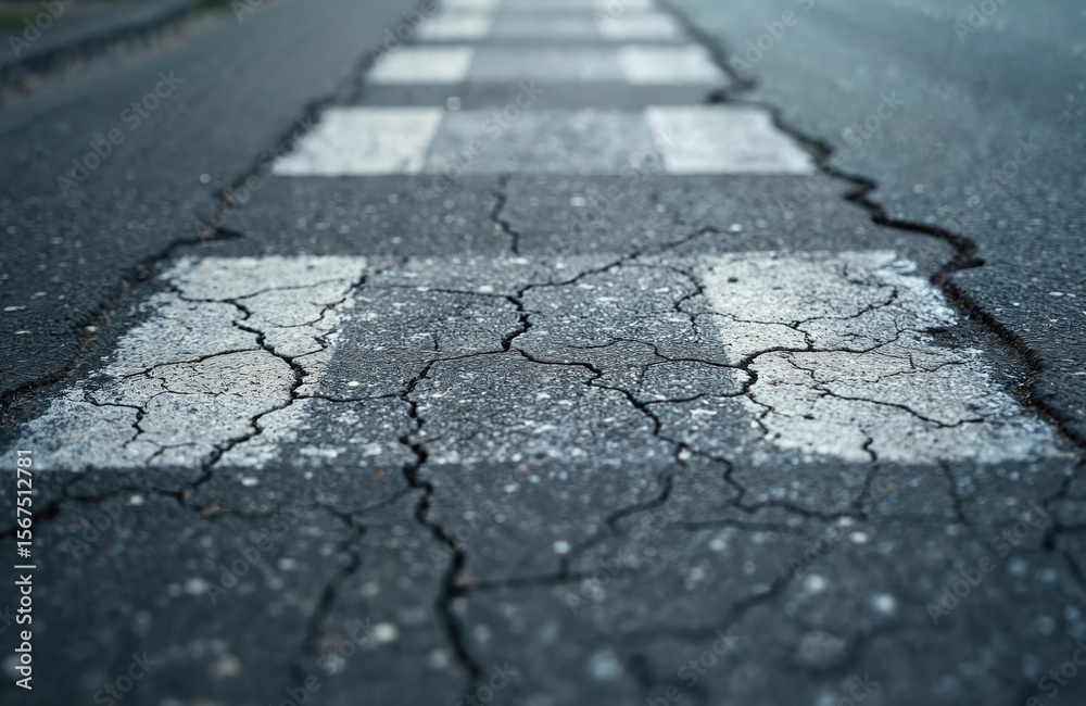 Obraz premium Close-up of cracked asphalt texture with white road markings for pedestrian crossing. Grey pavement surface displays urban street detail. Worn infrastructure shows transportation, construction