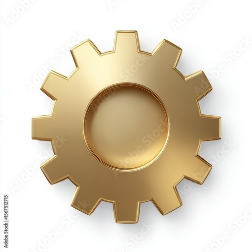 Golden Gear Cogwheel 3D Render of Metallic Gear on White