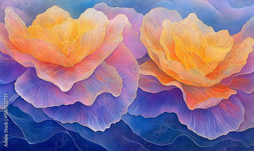 Abstract Floral Landscape with Golden Outlines and Gradient Colo