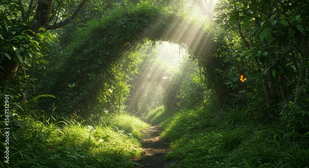 Fototapeta premium Sunlight streams through a verdant archway in a lush forest
