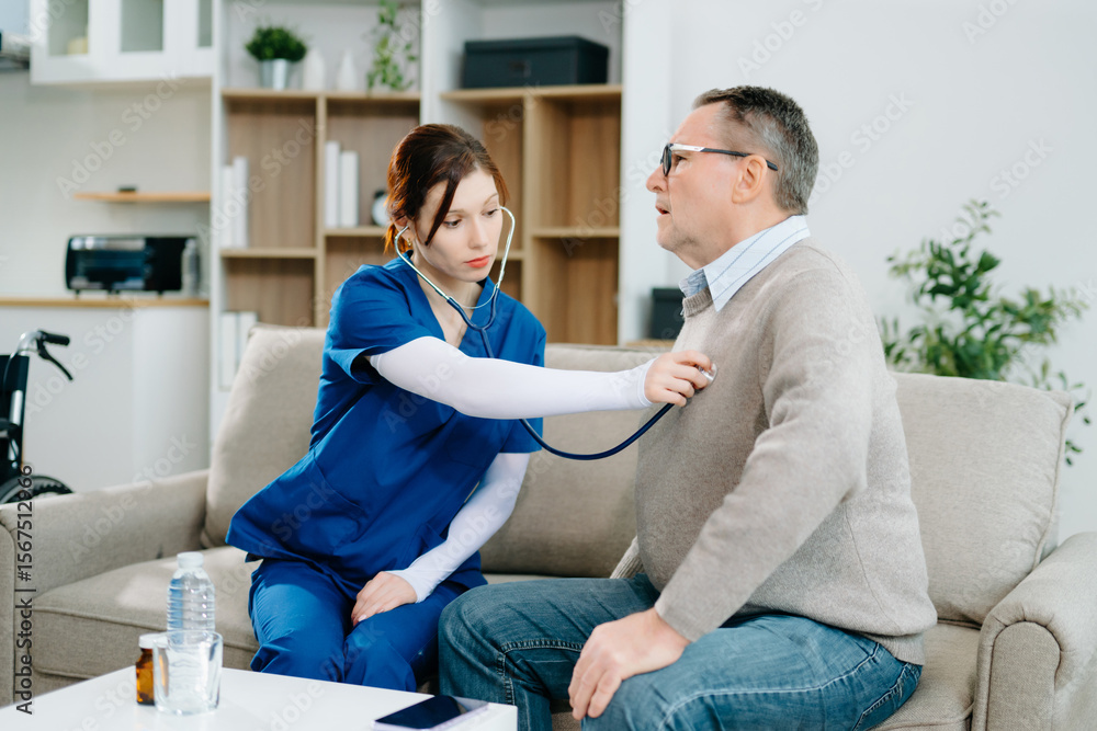 Obraz premium Elderly man receives home healthcare checkup as nurse uses stethoscope with care and professionalism. Medical, support