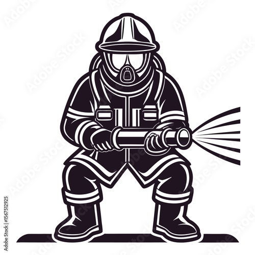 Brave Firefighter in Action Extinguishing Flames with Hose