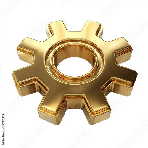 Golden Gear Detailed 3D Render of Metallic Cogwheel on White