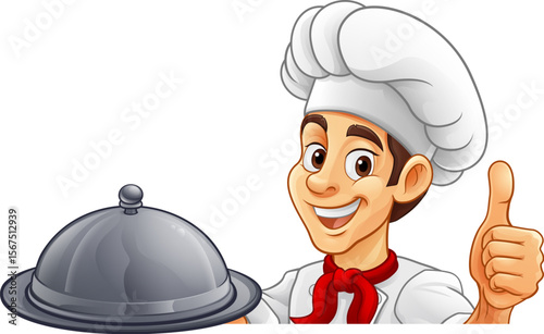 A chef or baker cartoon cook peeking around a sign or menu with copyspace. Giving a thumbs up and holding a platter plate or tray with cloche, mascot character illustration