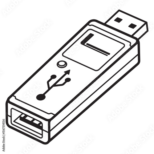 Vector illustration of a simple black and white usb flash drive with connection symbol