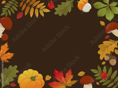 Autumn-themed vector illustration featuring a frame of colorful leaves, mushrooms, acorns, and berries against a dark background. Perfect for seasonal designs and nature-themed projects.