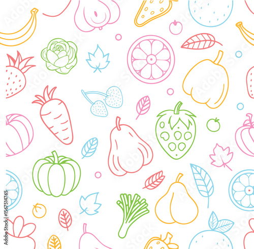 Seamless Vector Pattern with Colorful Doodle Fruits and Vegetables – Fun Hand-Drawn Food Design