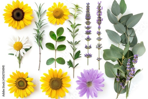High Detail Picture of Set of Arrangements of Daisies, Sunflowers, and Lavender with Greenery
