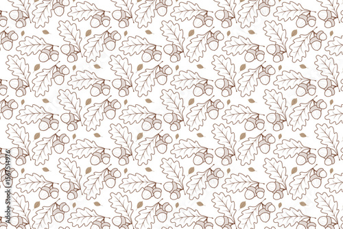 Detailed seamless vector pattern featuring oak leaves and acorns. The repetitive design showcases intricately drawn foliage and nuts, perfect for textile, wallpaper, or background applications.