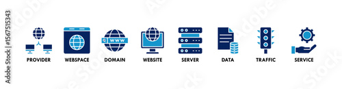 Web hosting banner web icon vector illustration concept with icon of provider, webspace, domain, website, server, data, traffic and service