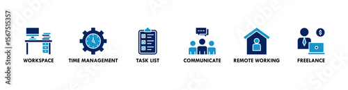 Work from home banner web icon vector illustration concept of wfh with icon of workspace, time management, task list, communicate, remote working and freelance