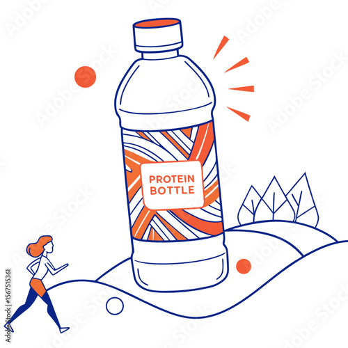 Athletic woman running near giant protein bottle with orange accents fitness