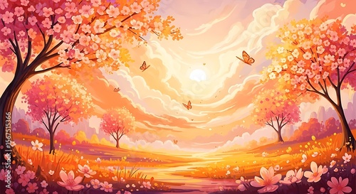 Ai generated image of a beautiful spring landscape with cherry blossoms and butterflies at sunset