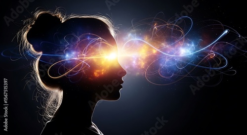 Ai generated image of a womans silhouette with glowing energy emanating from her head