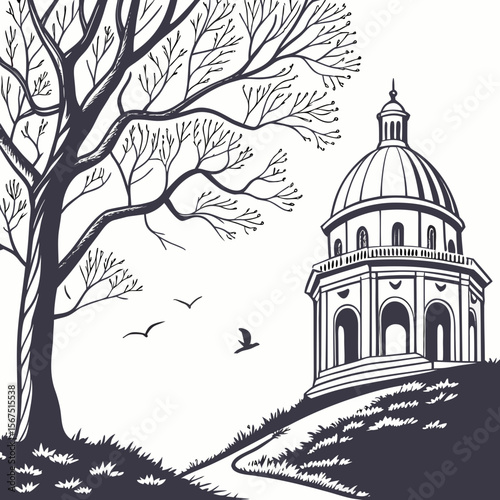 Bare tree branches overlook domed building and flying birds bare branches architecture