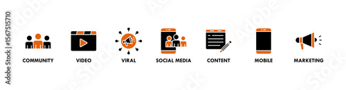 SMM banner web icon vector illustration concept of social media marketing with icon of community, video, viral, social media, content, mobile and marketing icons