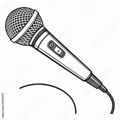 Black and white microphone with cord on white background audio sound