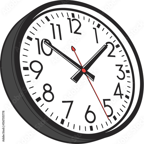 Black framed analog clock with white face and red second hand time clock face