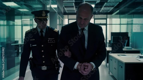 Businessman arrested by police officer in corporate crime investigation