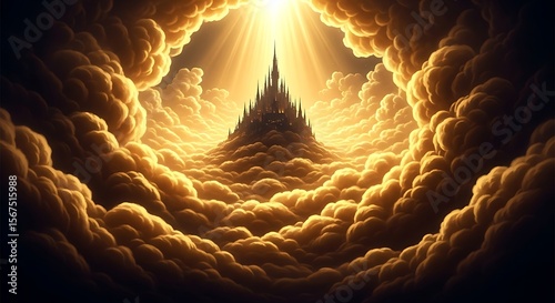 Ai generated image of a majestic castle rises above the clouds in a golden sky