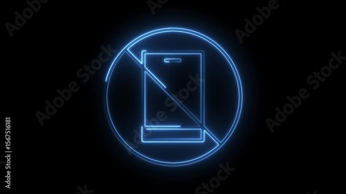 Glowing no cell phone symbol animation on black background mobile ban concept