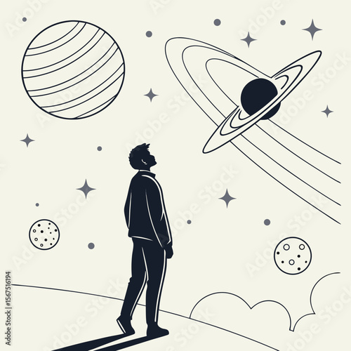 A person looking up at planets and stars in a monochrome space themed illustration with clouds below him