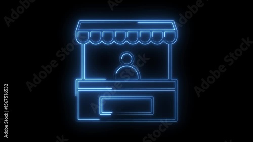 Glowing neon market stall animation on black background for sales and promotion campaigns