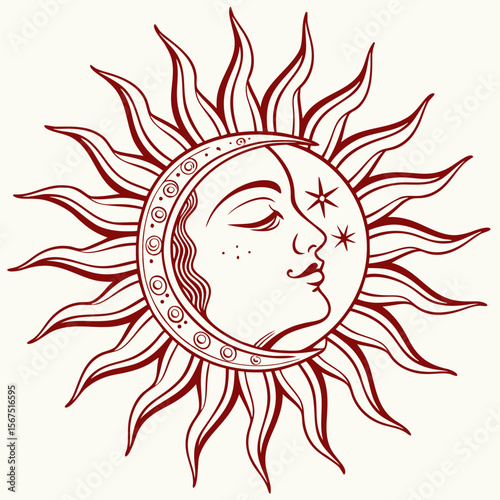 Celestial sun and moon face with stars and rays vector