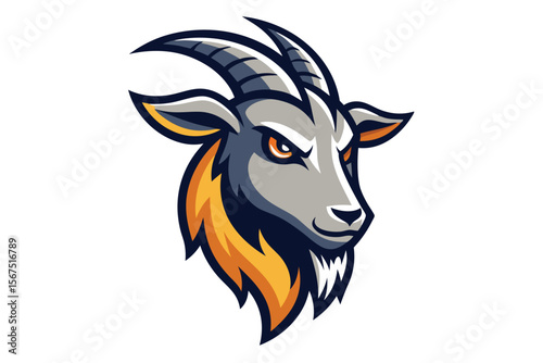 Majestic goat head shows off its formidable horns and sharp gaze over white