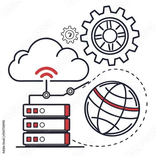 Cloud server network with gears and globe cloud computing