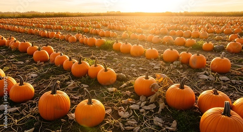 Ai generated image of rows of orange pumpkins in a field at sunset during autumn