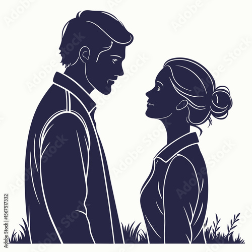 Couple looking at each other with grass detail woman facing