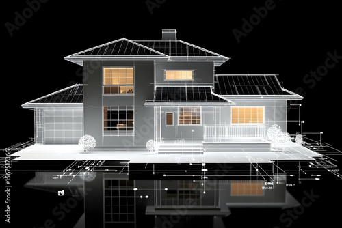 Modern House Design with Solar Panels and Architectural Blueprin