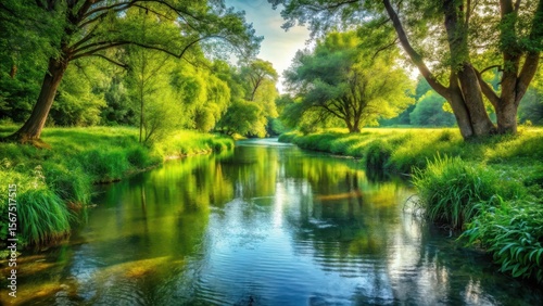 Gentle water flow amidst lush greenery and serene surroundings