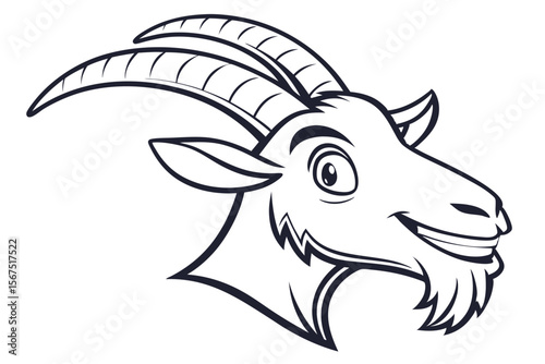 Monochrome goat head illustration exhibits prominent horns and a full beard, depicted with bold linework