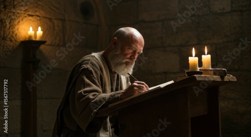 A wise, old man with a long white beard, diligently writing on a book in a dimly lit room with candles