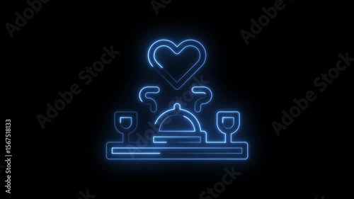 Animated romantic dinner with heart and wine glasses in blue neon glow effect