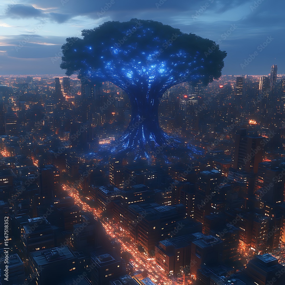 Fototapeta premium Illuminated tree dominates a city at night.