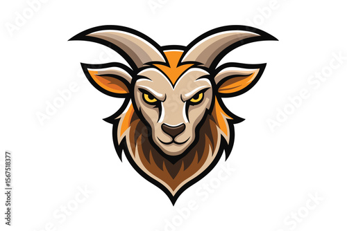 Focused goat head with large curved horns stares intently ahead against a white backdrop