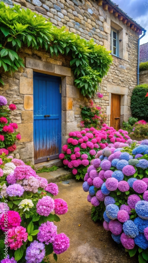 Naklejka premium Vibrant hortensia flowers blooming in a Breton garden amidst stone walls and rustic doors