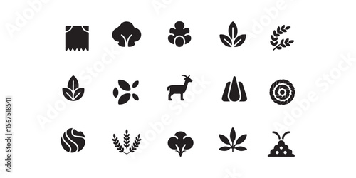 Collection of black silhouette icons representing various natural elements and agricultural products