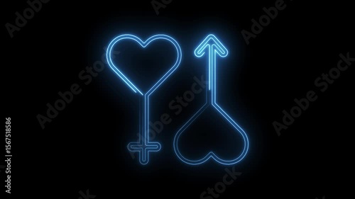 Glowing neon gender symbols animation female and male icon on black background