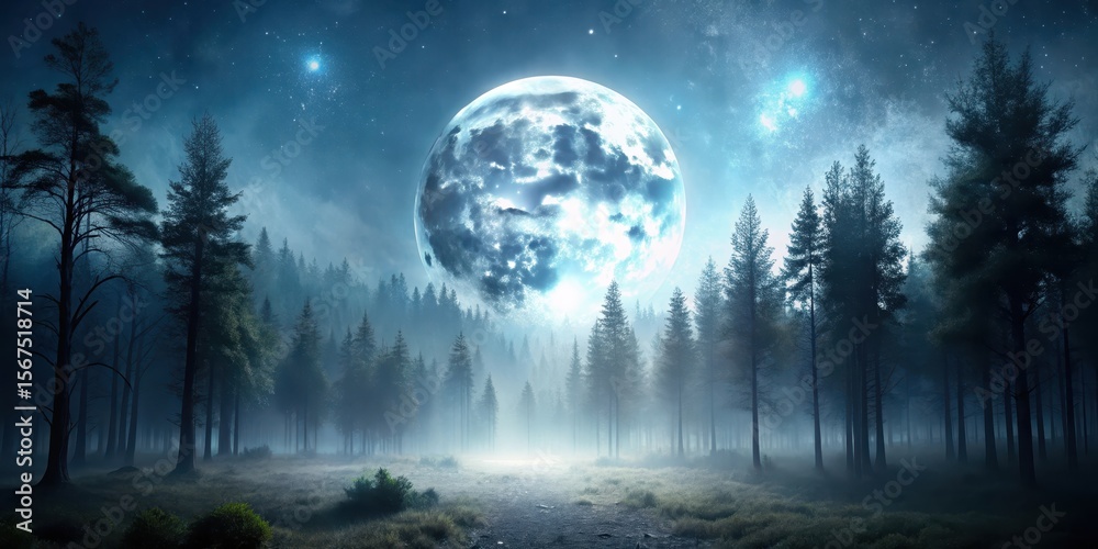 Fototapeta premium Silvery light illuminates the forest landscape under a full moon night