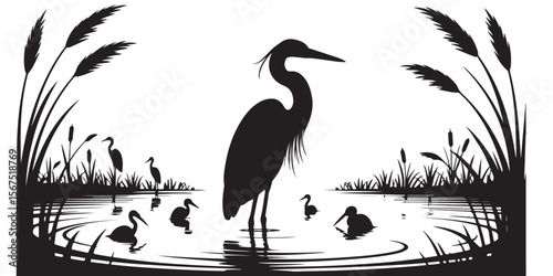 Silhouette of herons and ducks in a pond surrounded by tall grass and reeds creating a peaceful scene