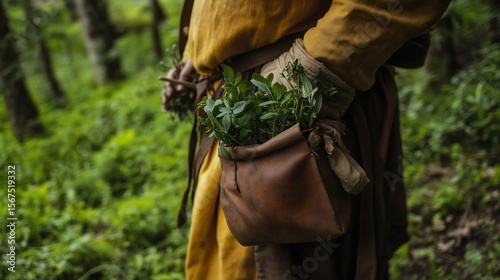 A man in traditional attire holds a pouch filled with fresh herbs in a lush green forest.