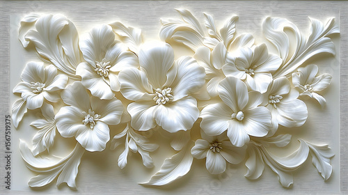 Elegant White Floral Relief Sculpture with Delicate Petal Detail