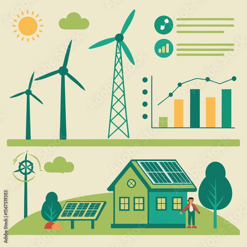 Illustration showing renewable energy sources like wind turbines and solar panels for sustainable living